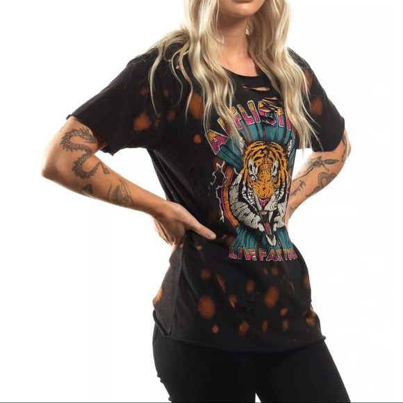 Affliction Women's T-Shirt Rock The Tigers Storm Black Biker Skull - Picture 4 of 5